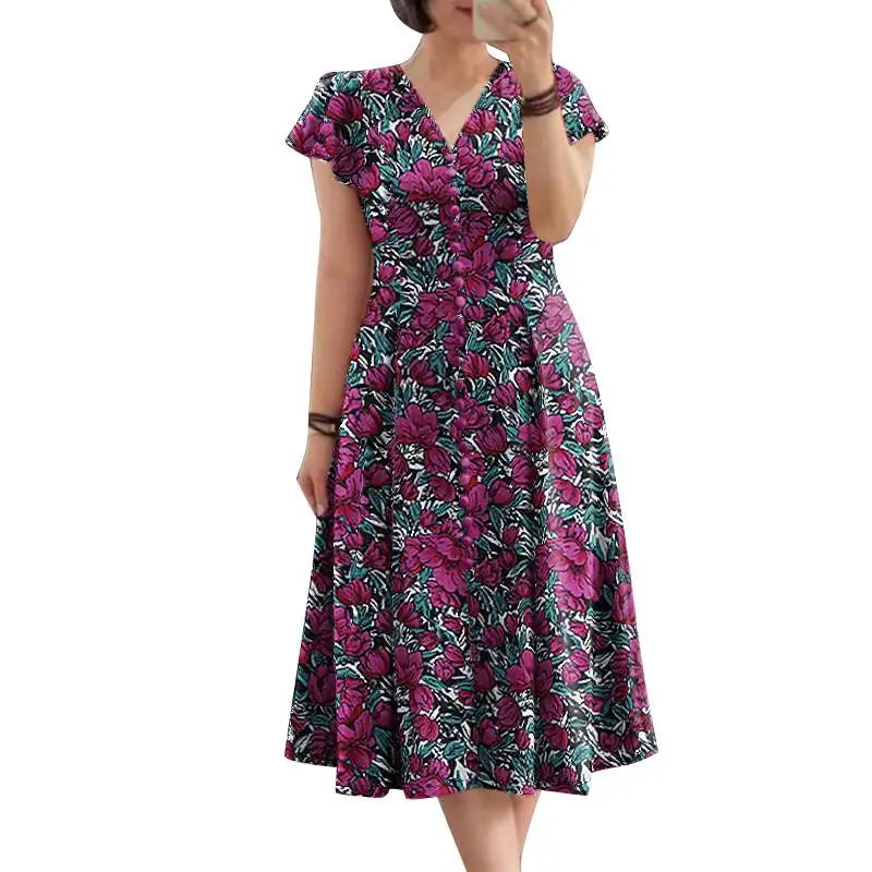 Robe Mi-Longue Femme Fleurie — Taille Cinée Col V Manches Courtes
