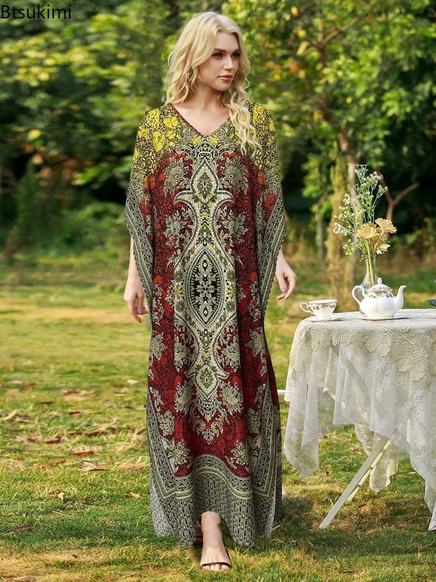 Robe Longue Bohémienne Col V — Imprimé Ethnique Plage Moyen-Orient