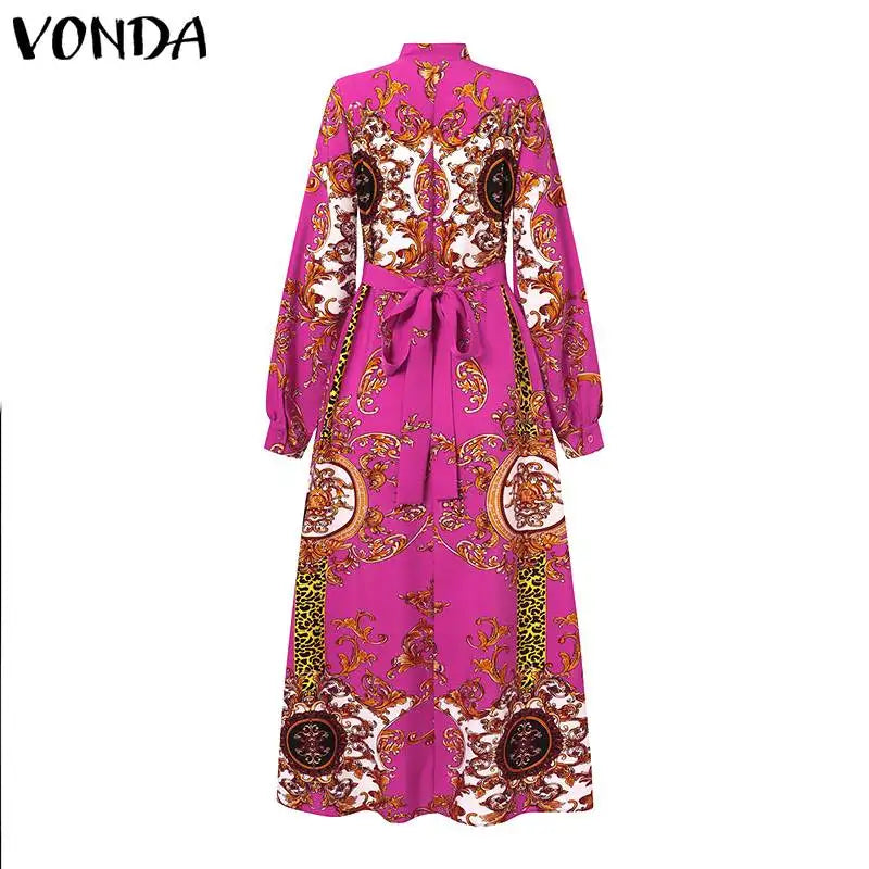 Robe Maxi Bohémienne Femme — Imprimée Longue Manches Longues Ceinturée