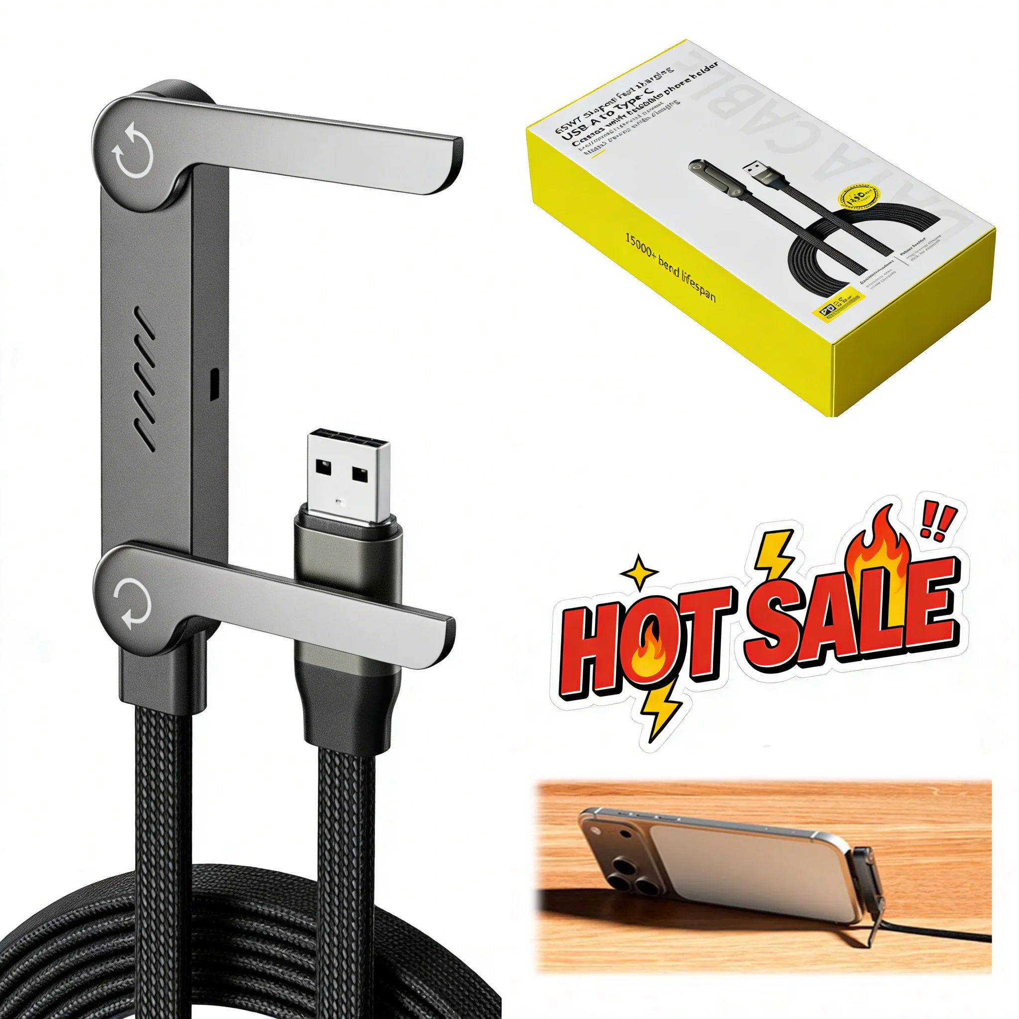 Câble 240W Coude 90° avec Support Gaming Ajustable pour iPhone 17 Xiaomi — Charge Rapide