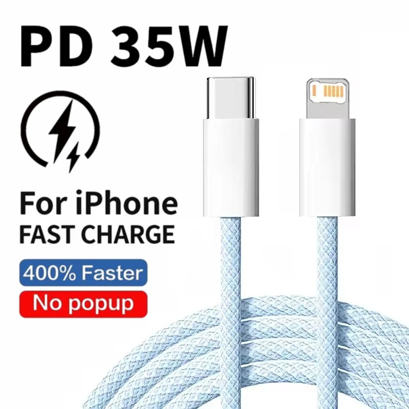 Câble PD 35W Charge Rapide pour iPhone 14 13 12 11 Pro Max XR XS — USB-C Tressé 1m 2m