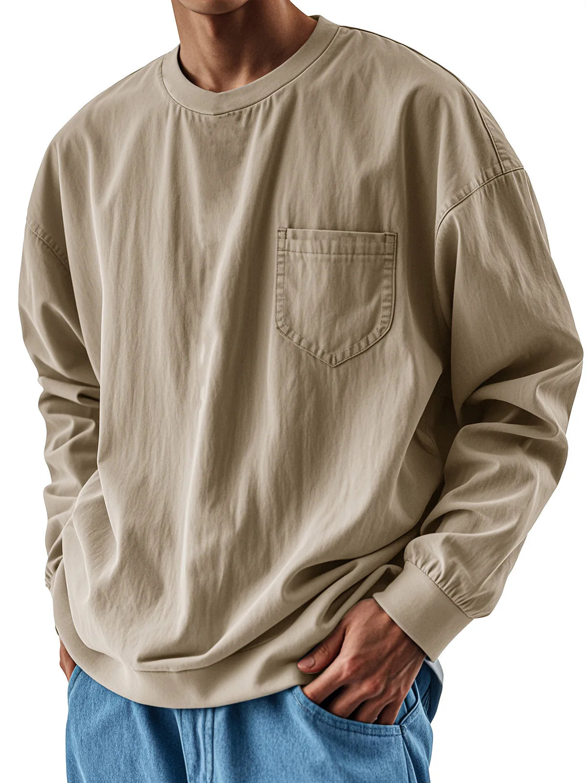 Oversized Loose Long sleeve T-shirt For Men 2025 Spring Fashion Vintage Top Tee Solid Casual Chest Pocket Tshirts streetwear