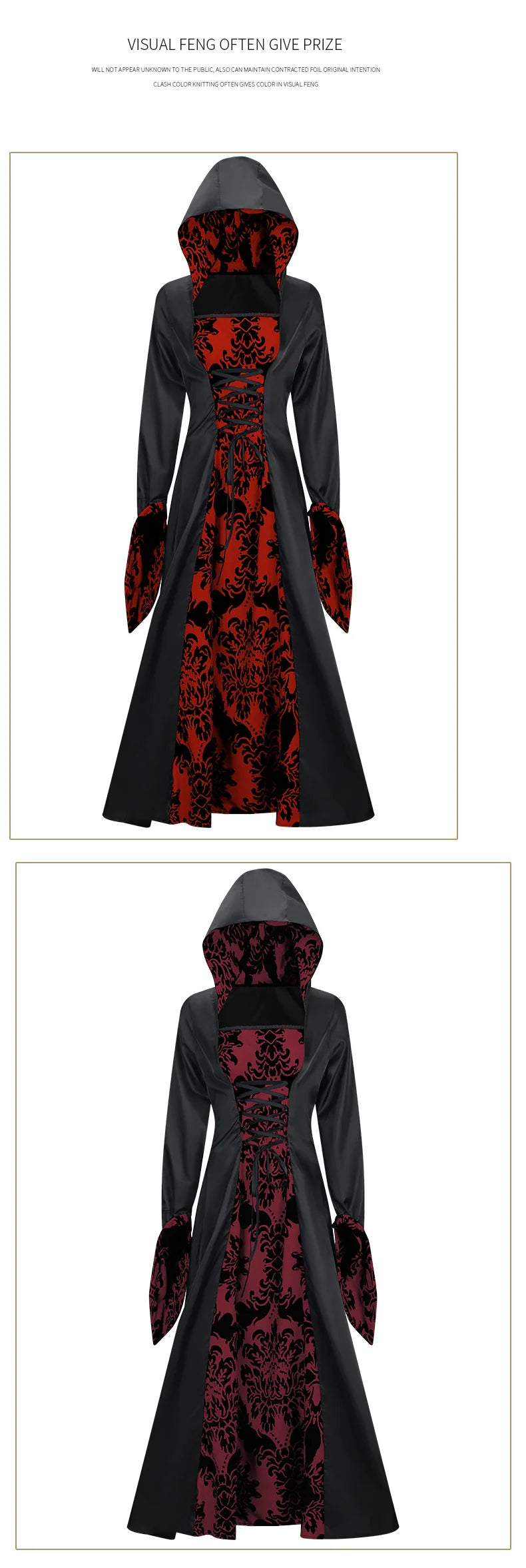 Robe Médiévale À Capuche Imprimée — Tenue de Scène Rétro Femme