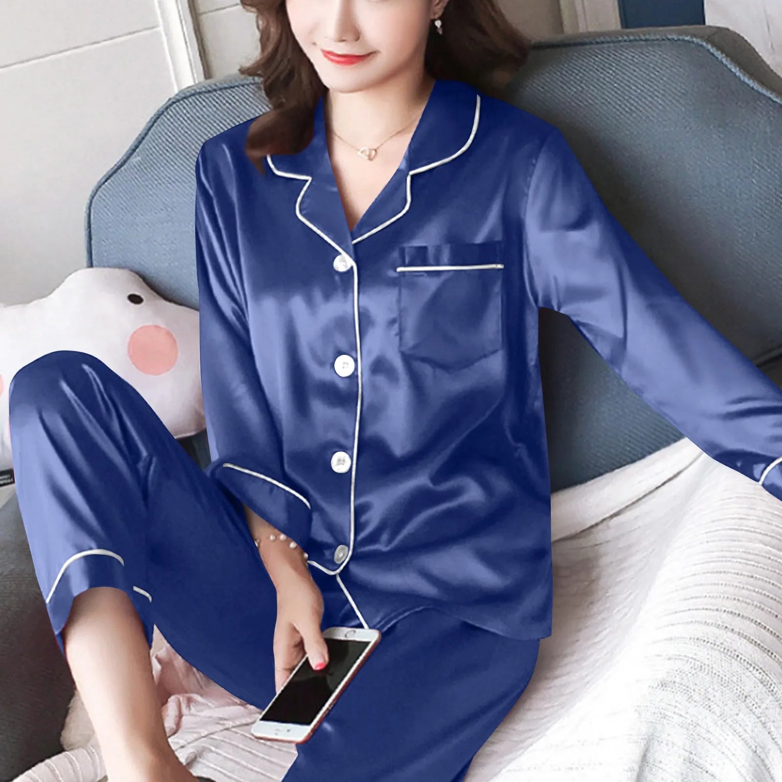 Women Pijama Sets Sleepwear Long-sleeve Cardigan Set Women Pajamas Sets Sexy Silk Polyester Female Pyjamas Home Clothing