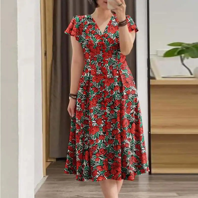Robe Mi-Longue Femme Fleurie — Taille Cinée Col V Manches Courtes