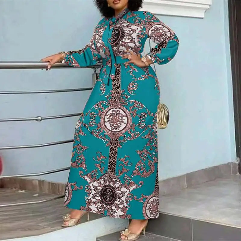 Robe Maxi Bohémienne Femme — Imprimée Longue Manches Longues Ceinturée