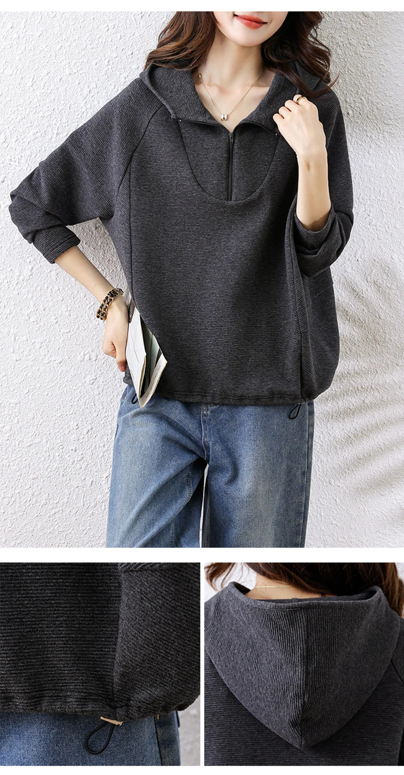 Oversize Hoodies Long Sleeve Zipper Pullovers Dark Gray Tops Jumper Sweatshirts Women