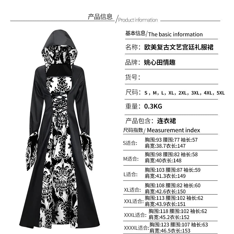 Robe Médiévale À Capuche Imprimée — Tenue de Scène Rétro Femme