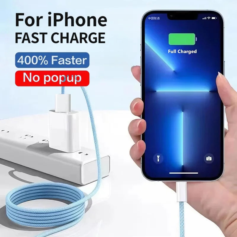 Câble USB Lightning 20W Tressé Charge Rapide pour iPhone 14 13 12 11 XR XS 8 7 6 — 1m 2m