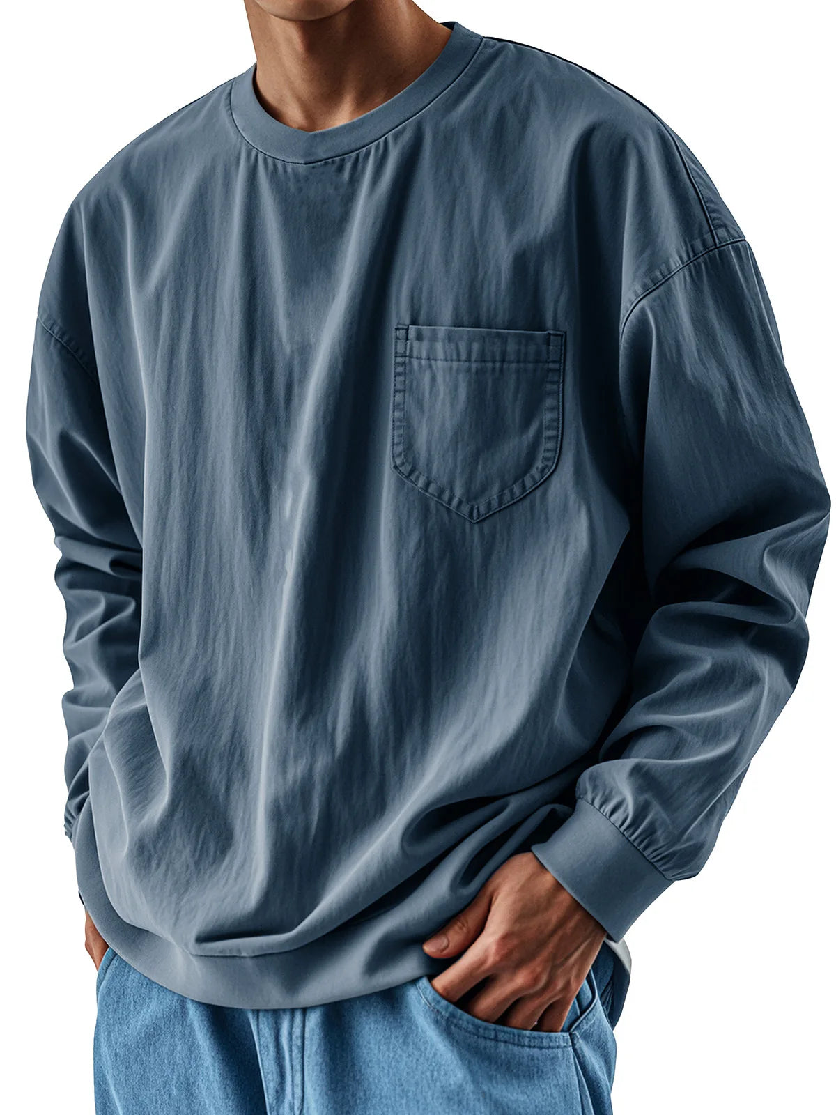 Oversized Loose Long sleeve T-shirt For Men 2025 Spring Fashion Vintage Top Tee Solid Casual Chest Pocket Tshirts streetwear
