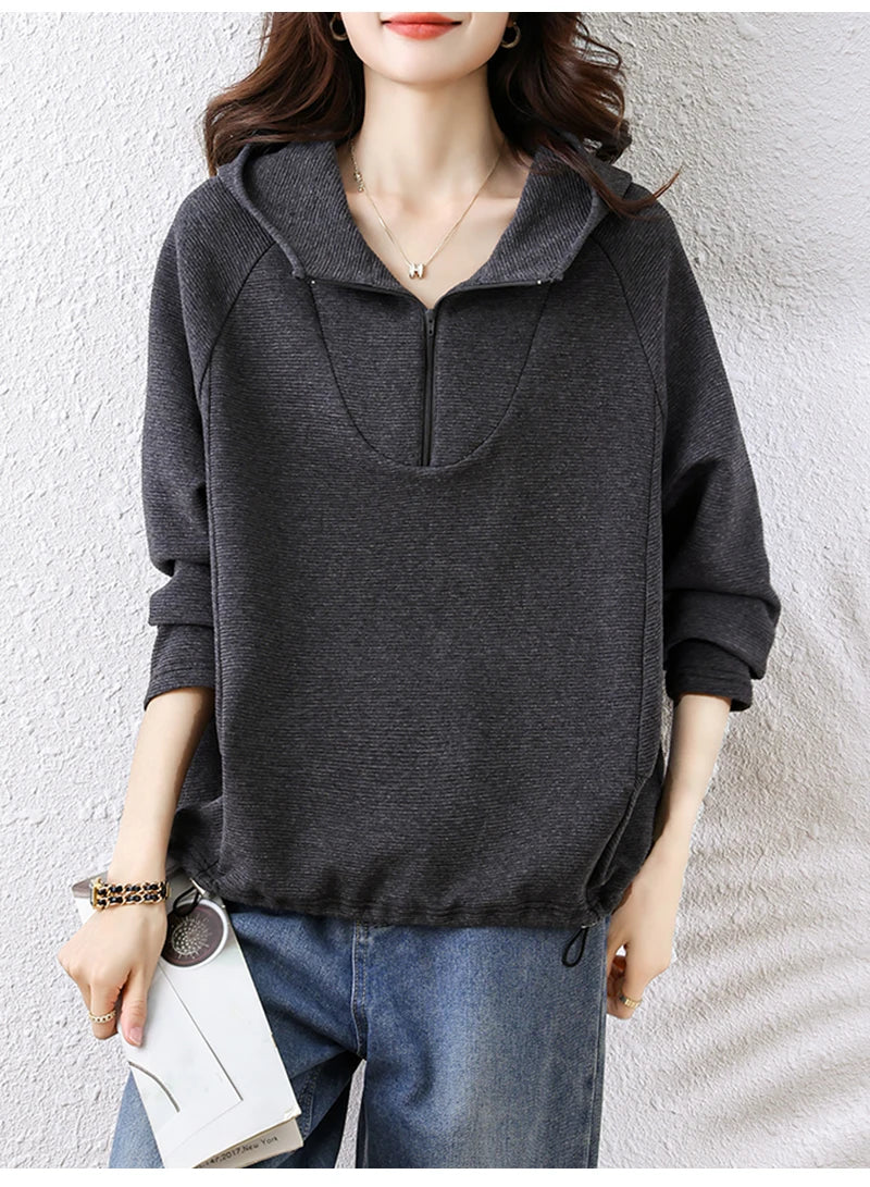 Oversize Hoodies Long Sleeve Zipper Pullovers Dark Gray Tops Jumper Sweatshirts Women