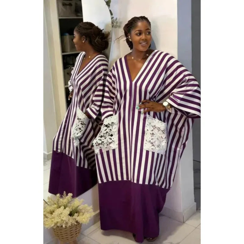 Robe Longue Femme Col V Rayée — Style Décontracté Grande Taille Automne 2026