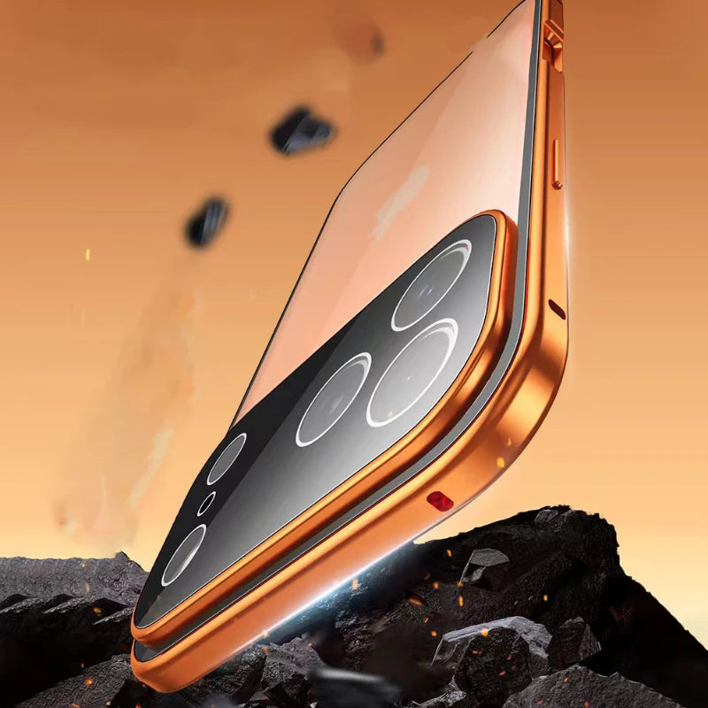 Coque magnétique métal 360° iPhone – Verre double face, verrouillage snap, protection totale
