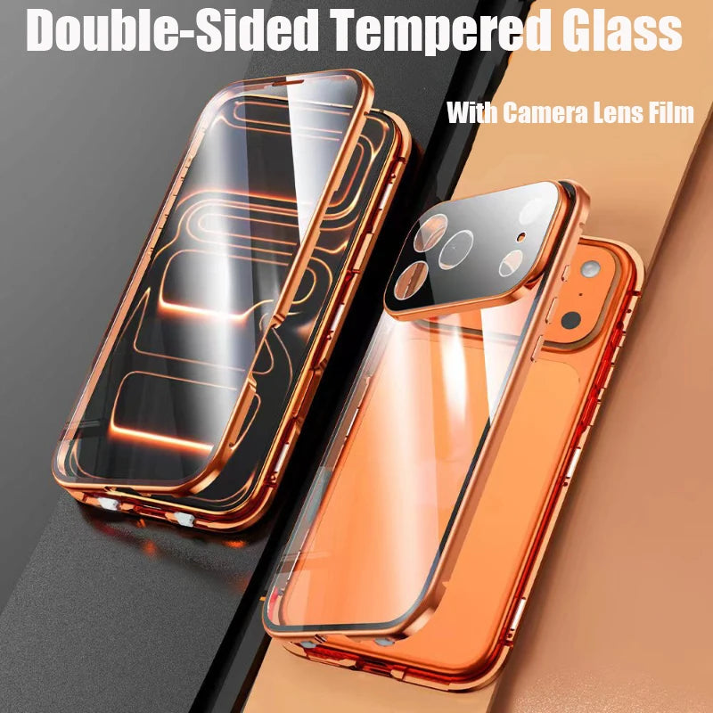 Coque magnétique métal 360° iPhone – Verre double face, verrouillage snap, protection totale