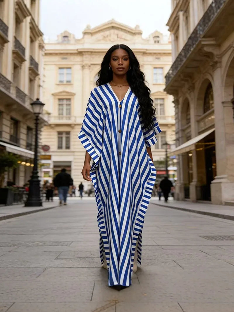 Robe Longue Femme Col V Rayée — Style Décontracté Grande Taille Automne 2026