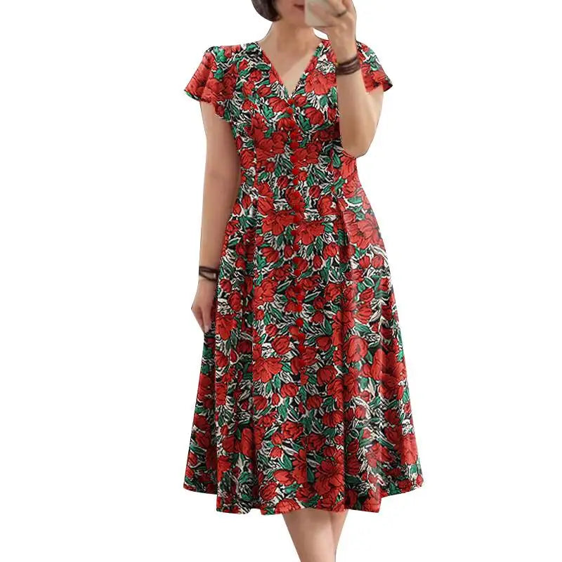 Robe Mi-Longue Femme Fleurie — Taille Cinée Col V Manches Courtes