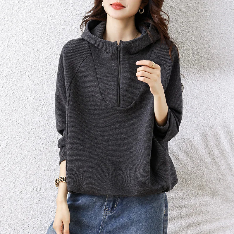Oversize Hoodies Long Sleeve Zipper Pullovers Dark Gray Tops Jumper Sweatshirts Women