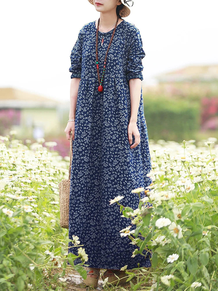 Robe Maxi Bohémienne Vintage Florale — Manches Longues Grande Taille