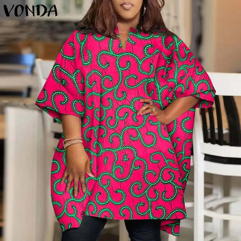 Plus Size VONDA Women Blouses 2024 Elegant Half Sleeve Printed Shirts Bohemian V Neck Tops Fashion Casual Loose Blusas Oversized
