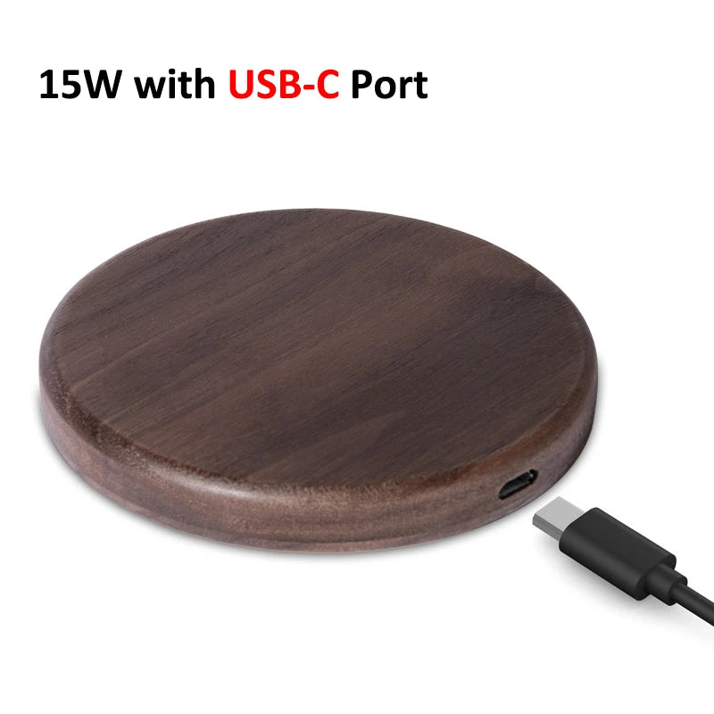 Chargeur Sans Fil Design Bois Noyer 15W pour iPhone 17 16 15 14 13 Pro Max Samsung S25 S26