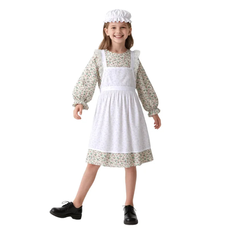 Robe Fille Style Victorien Imprimé Floral — Costume Fête & Spectacle avec Chapeau