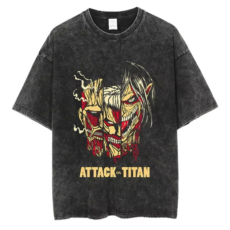 Oversized Attack on Titan Washed Summer T-Shirt, Vintage Distressed Anime Graphic Streetwear for Men Women, Survey Corps AOT Tee