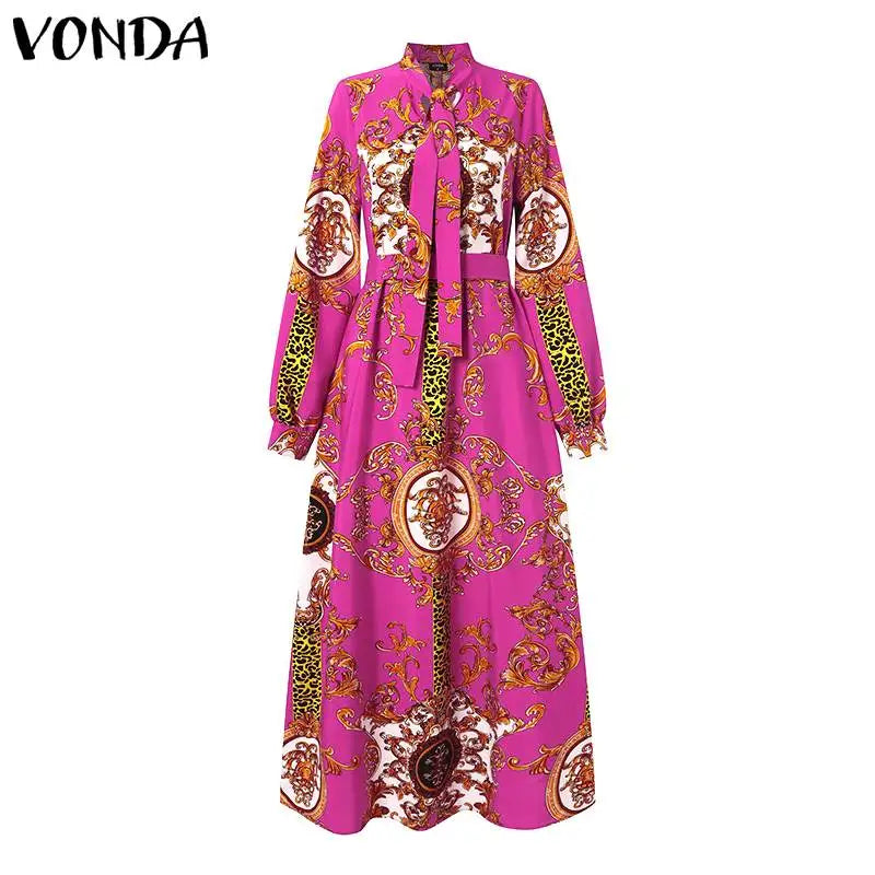 Robe Maxi Bohémienne Femme — Imprimée Longue Manches Longues Ceinturée
