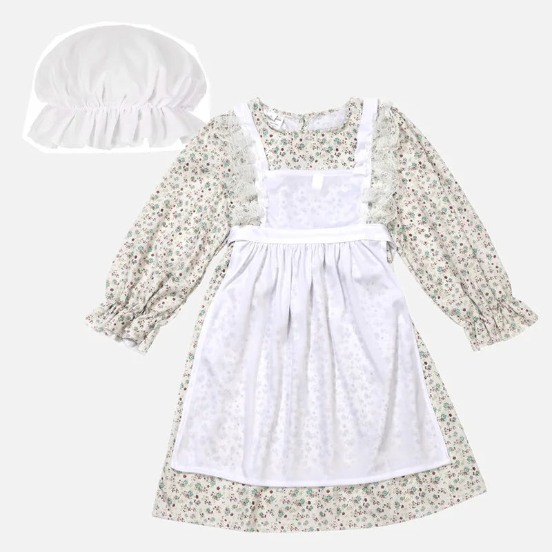 Robe Fille Style Victorien Imprimé Floral — Costume Fête & Spectacle avec Chapeau