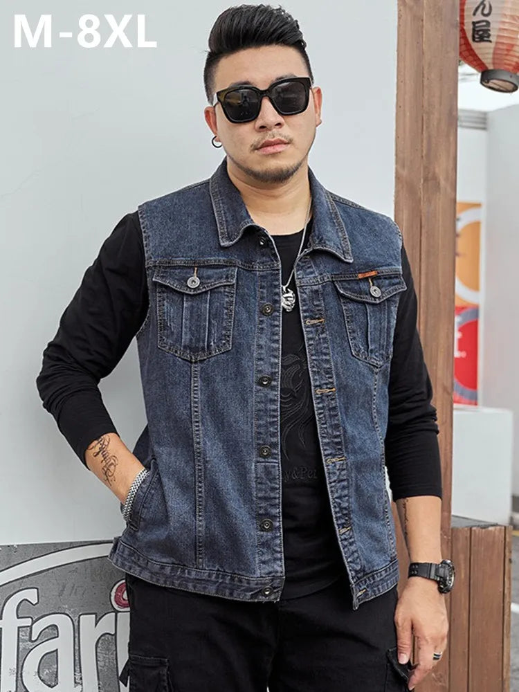 Motorcycle Vest Men Plus Size 8XL 6XL 7XL Sleeveless Jacket Autumn Hip Hop Man Veste Cowboy Slim Fit Korean Male Denim Waistcoat