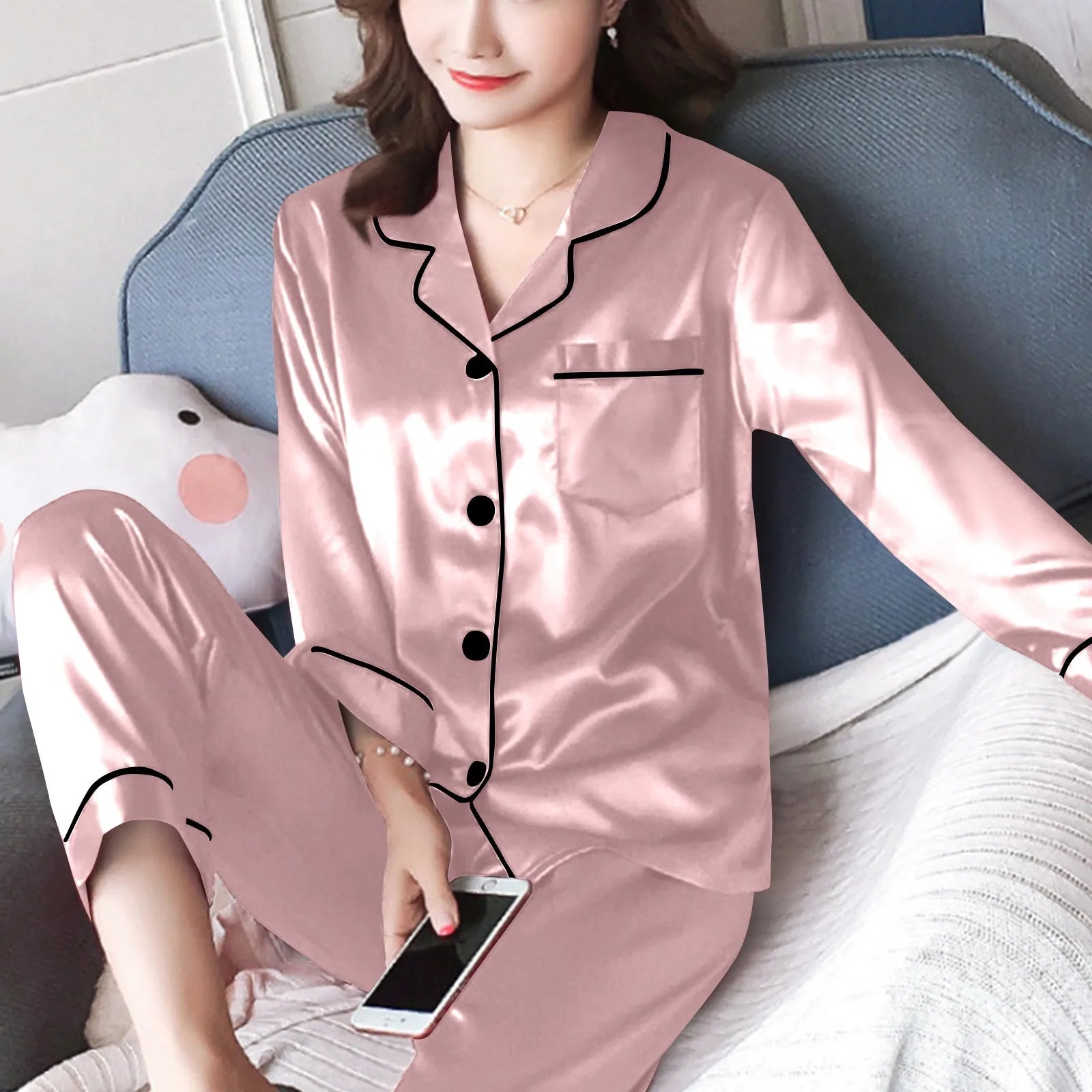 Women Pijama Sets Sleepwear Long-sleeve Cardigan Set Women Pajamas Sets Sexy Silk Polyester Female Pyjamas Home Clothing
