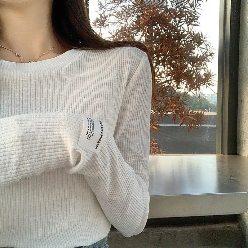 T-Shirt Femme Style Coréen — Pullover Streetwear Beige Esthétique