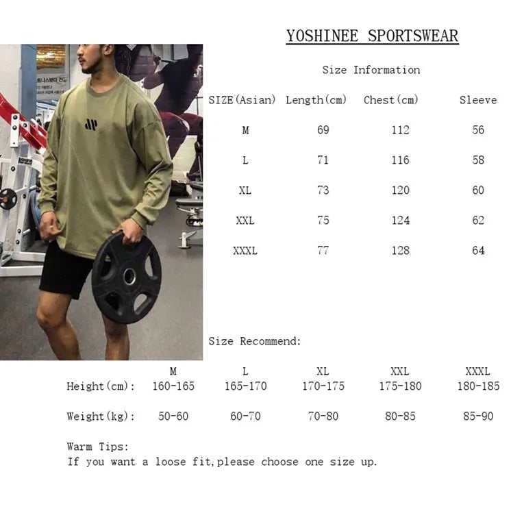 Men Long Sleeve Shirts Loose Oversize T Shirt for Men Autumn Workout Fitness Gym Hip Hop Clothing Men
