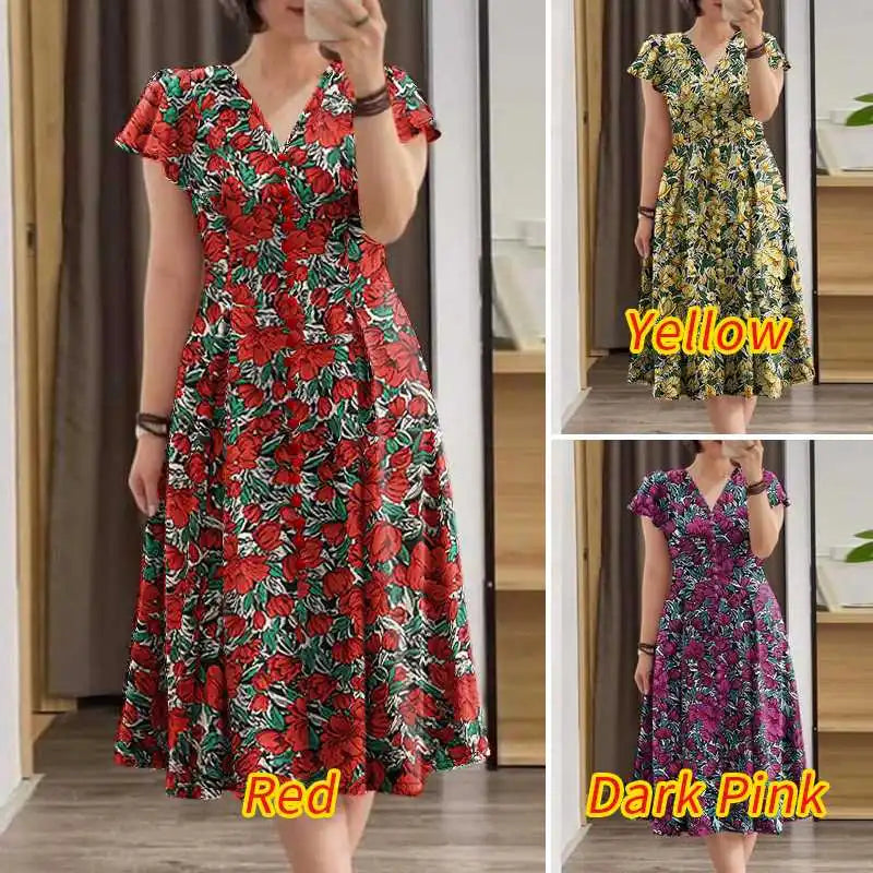 Robe Mi-Longue Femme Fleurie — Taille Cinée Col V Manches Courtes
