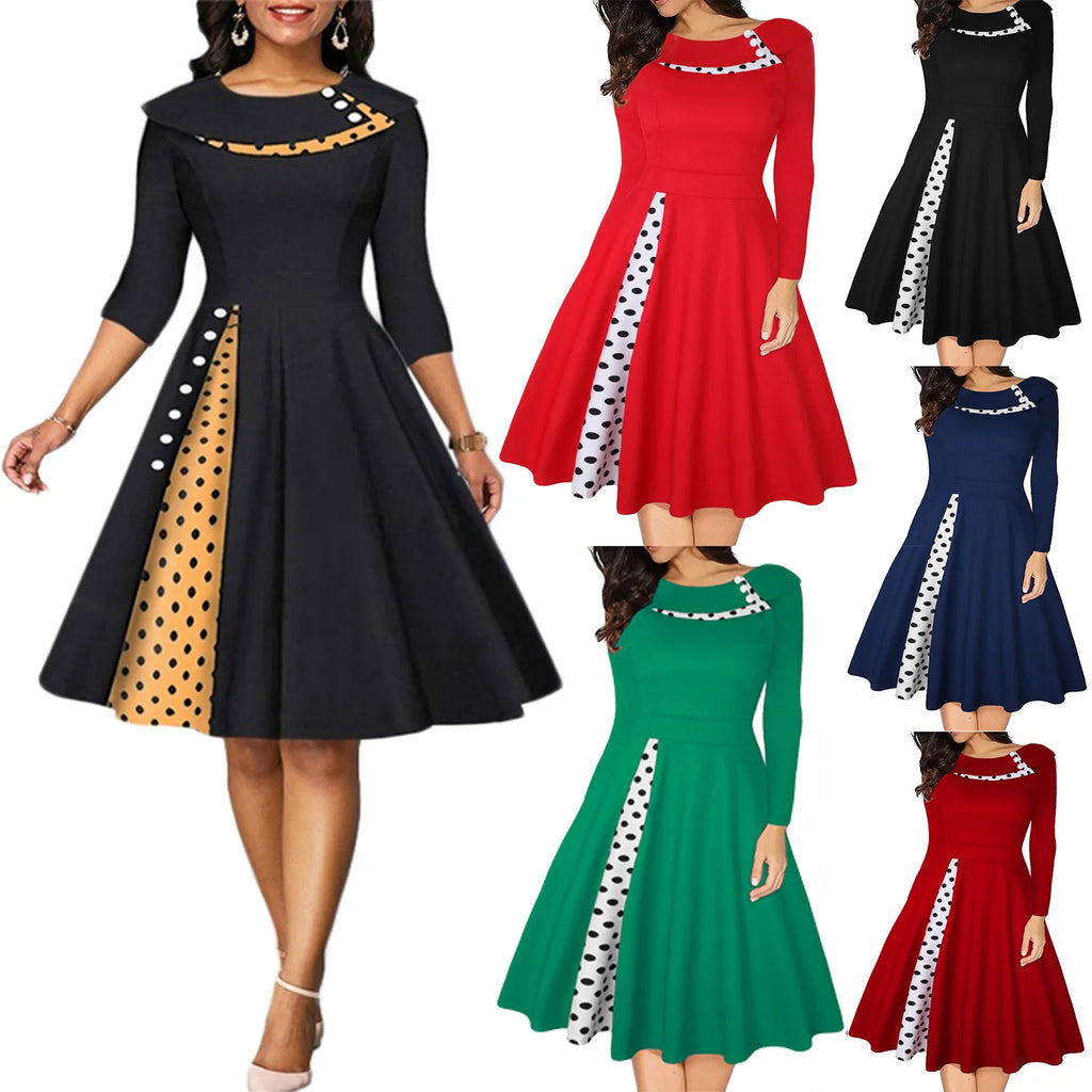 Robe Vintage Rockabilly À Pois — Taille Haute Manches Longues Swing