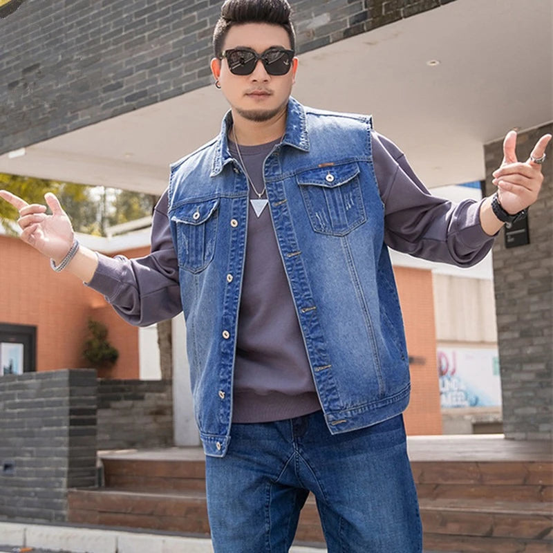 Motorcycle Vest Men Plus Size 8XL 6XL 7XL Sleeveless Jacket Autumn Hip Hop Man Veste Cowboy Slim Fit Korean Male Denim Waistcoat