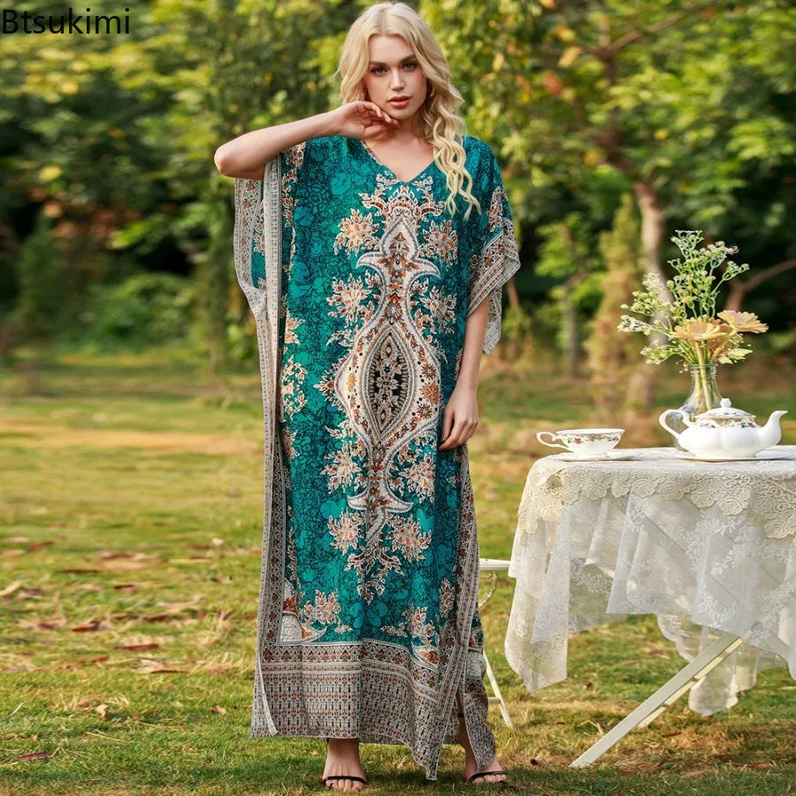 Robe Longue Bohémienne Col V — Imprimé Ethnique Plage Moyen-Orient