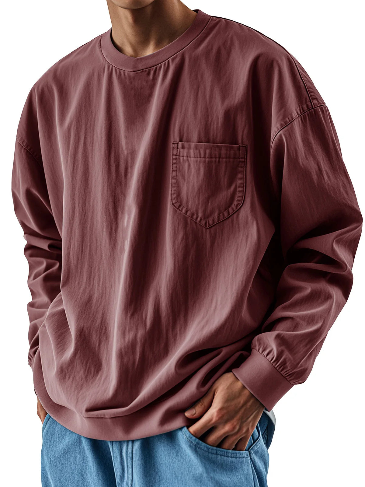Oversized Loose Long sleeve T-shirt For Men 2025 Spring Fashion Vintage Top Tee Solid Casual Chest Pocket Tshirts streetwear