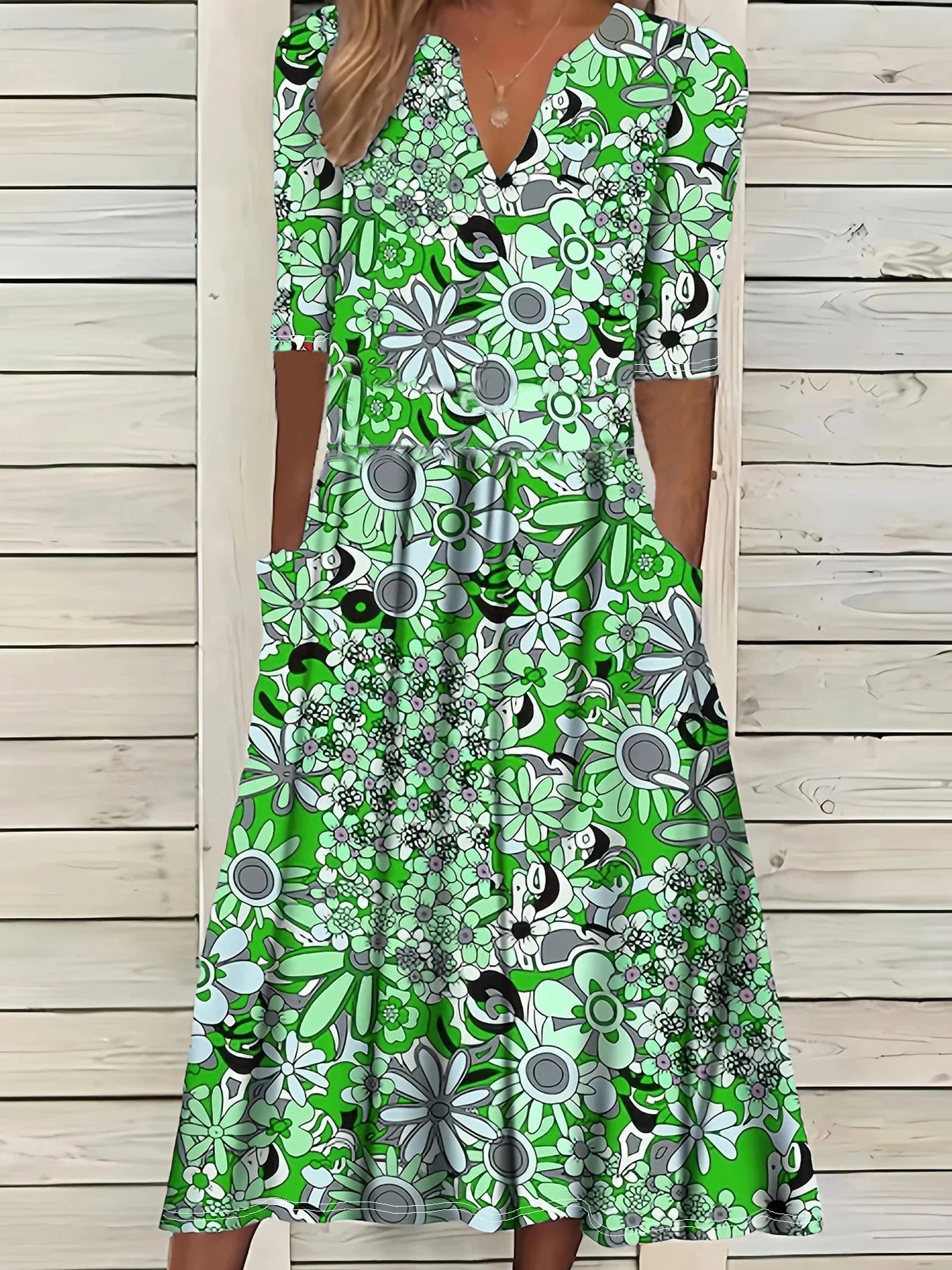 Robe Longue Bohémienne Fleurie — Col V Manches Mi-Longues Poches Plage