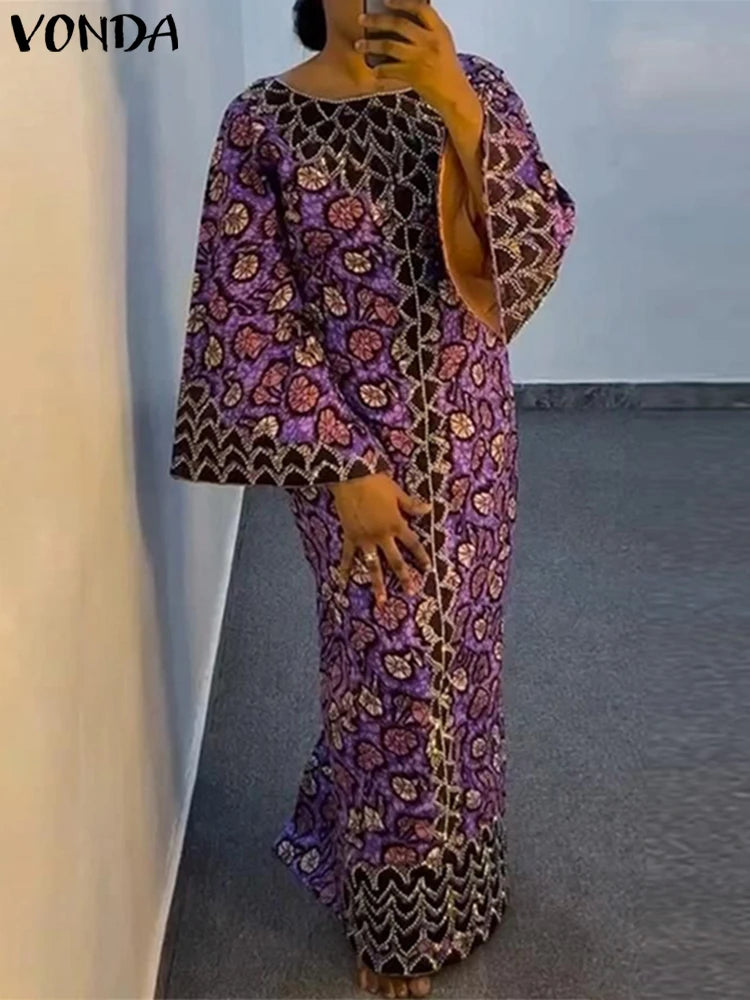 Robe Bohémienne Imprimée — Manches Évasées Maxi Oversize Col Rond