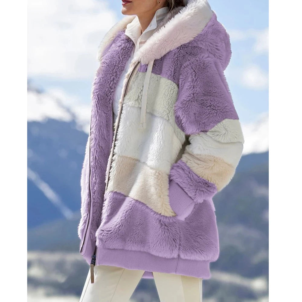 Oversized Jacket for Women Coat 2025 Autumn Winter Warm Plush Pocket Hooded Streetwear Loose Lady Zipper Cashmere Outerwear Coat