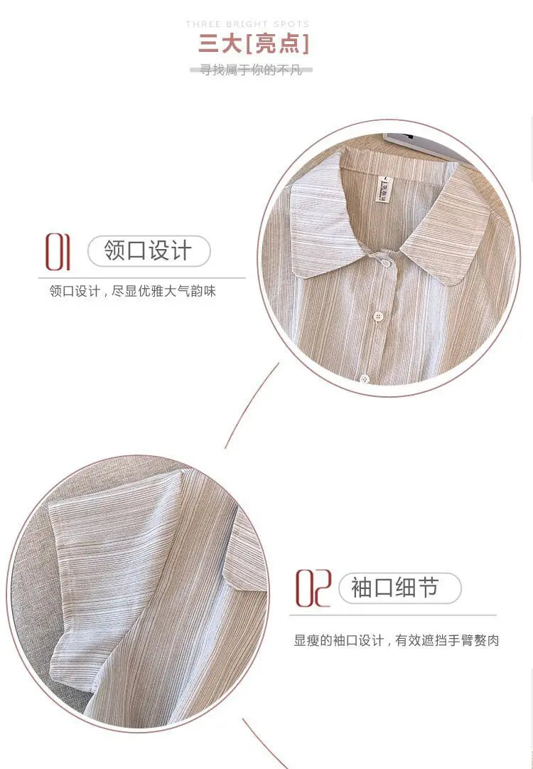 Women's French Style Polo Collar Short Sleeve Chiffon Blouse Elegant Casual  Shirt