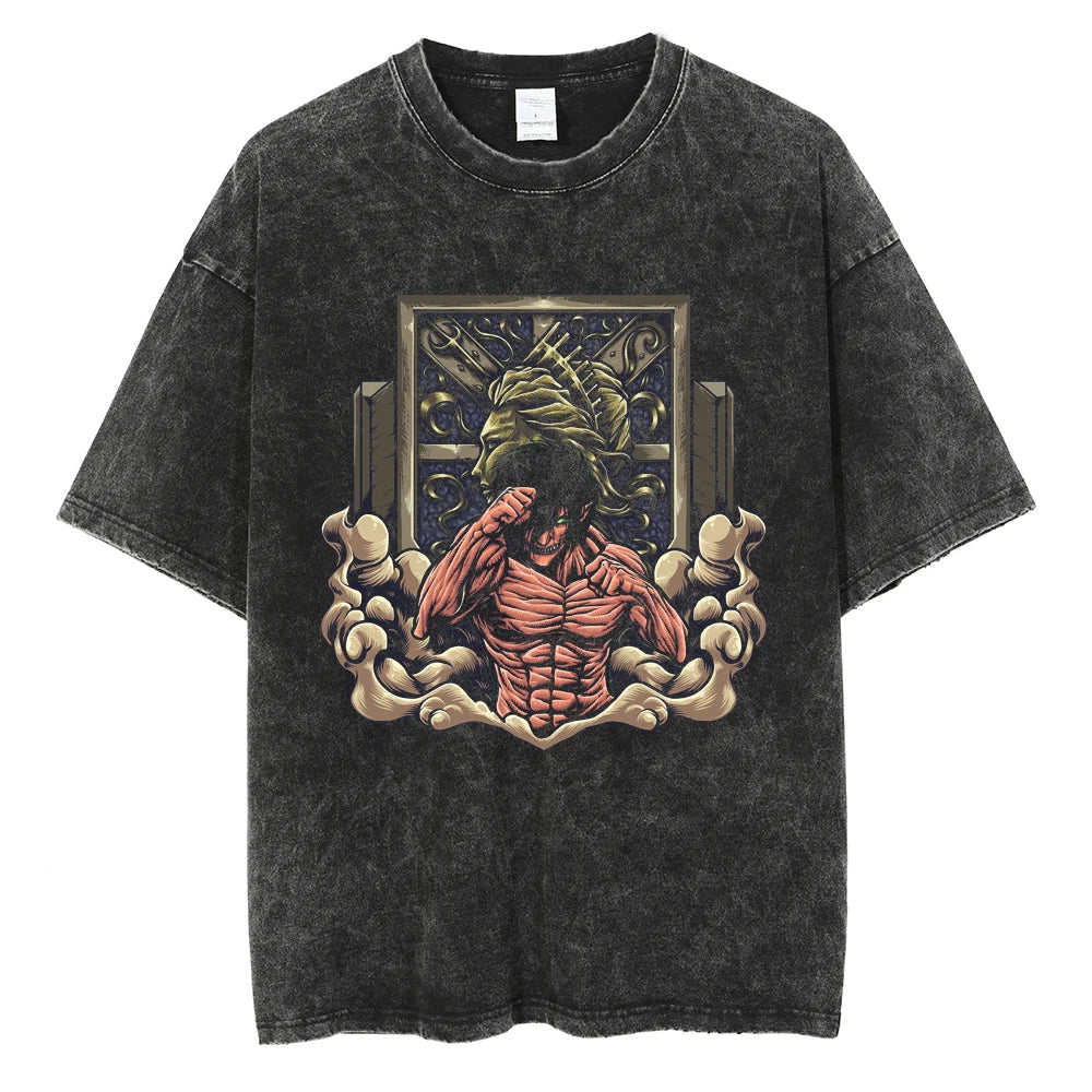 Oversized Attack on Titan Washed Summer T-Shirt, Vintage Distressed Anime Graphic Streetwear for Men Women, Survey Corps AOT Tee