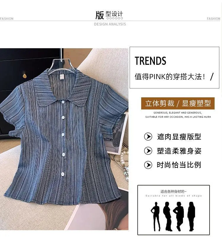 Women's French Style Polo Collar Short Sleeve Chiffon Blouse Elegant Casual  Shirt