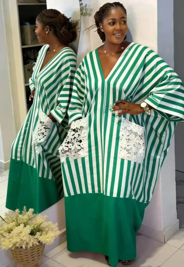 Robe Longue Femme Col V Rayée — Style Décontracté Grande Taille Automne 2026