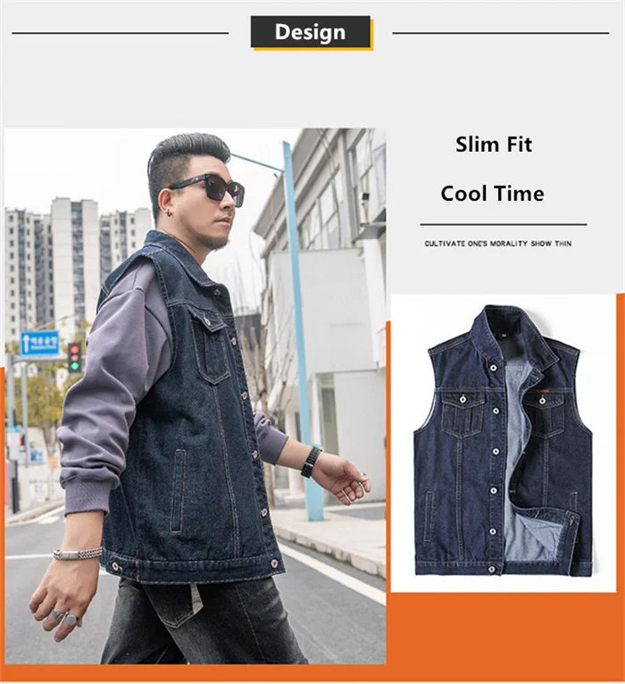Motorcycle Vest Men Plus Size 8XL 6XL 7XL Sleeveless Jacket Autumn Hip Hop Man Veste Cowboy Slim Fit Korean Male Denim Waistcoat
