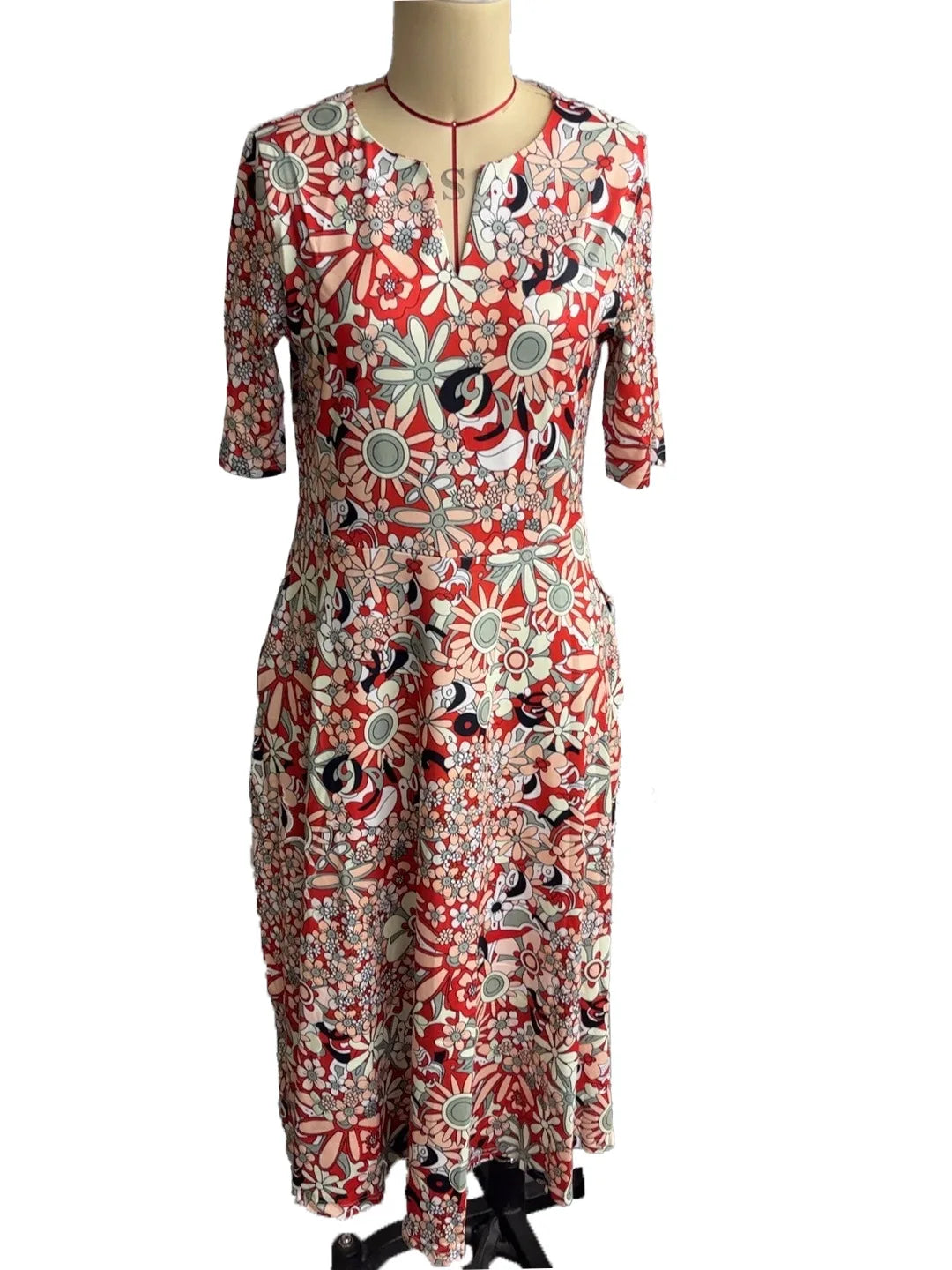Robe Longue Bohémienne Fleurie — Col V Manches Mi-Longues Poches Plage