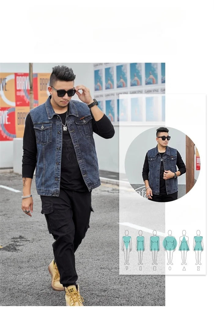 Motorcycle Vest Men Plus Size 8XL 6XL 7XL Sleeveless Jacket Autumn Hip Hop Man Veste Cowboy Slim Fit Korean Male Denim Waistcoat