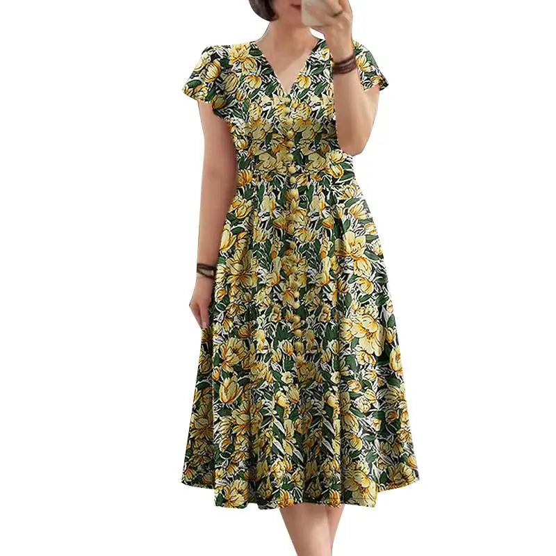 Robe Mi-Longue Femme Fleurie — Taille Cinée Col V Manches Courtes