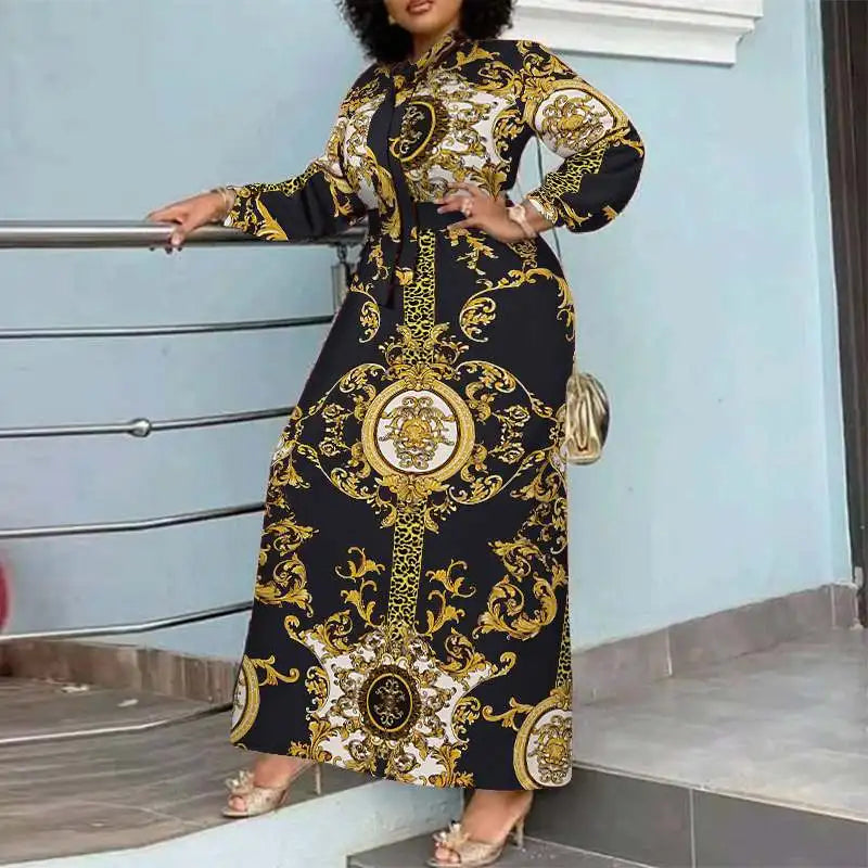 Robe Maxi Bohémienne Femme — Imprimée Longue Manches Longues Ceinturée