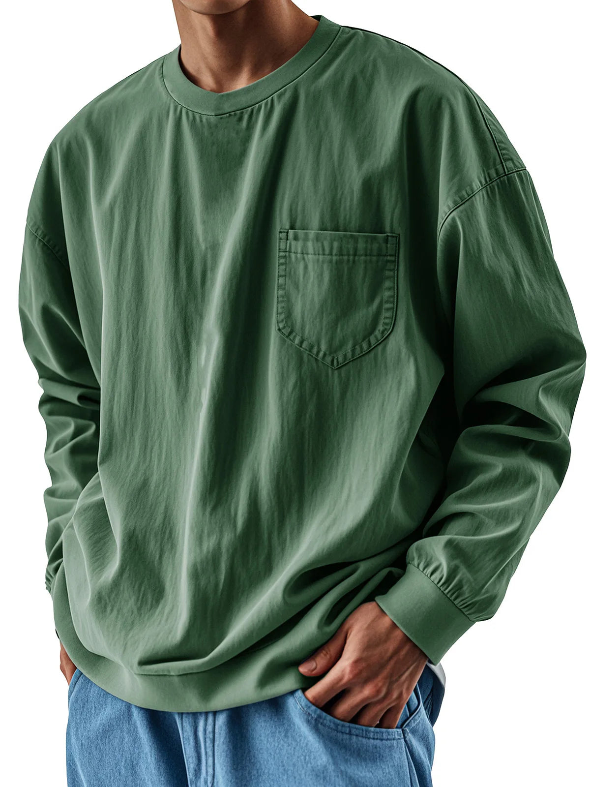 Oversized Loose Long sleeve T-shirt For Men 2025 Spring Fashion Vintage Top Tee Solid Casual Chest Pocket Tshirts streetwear